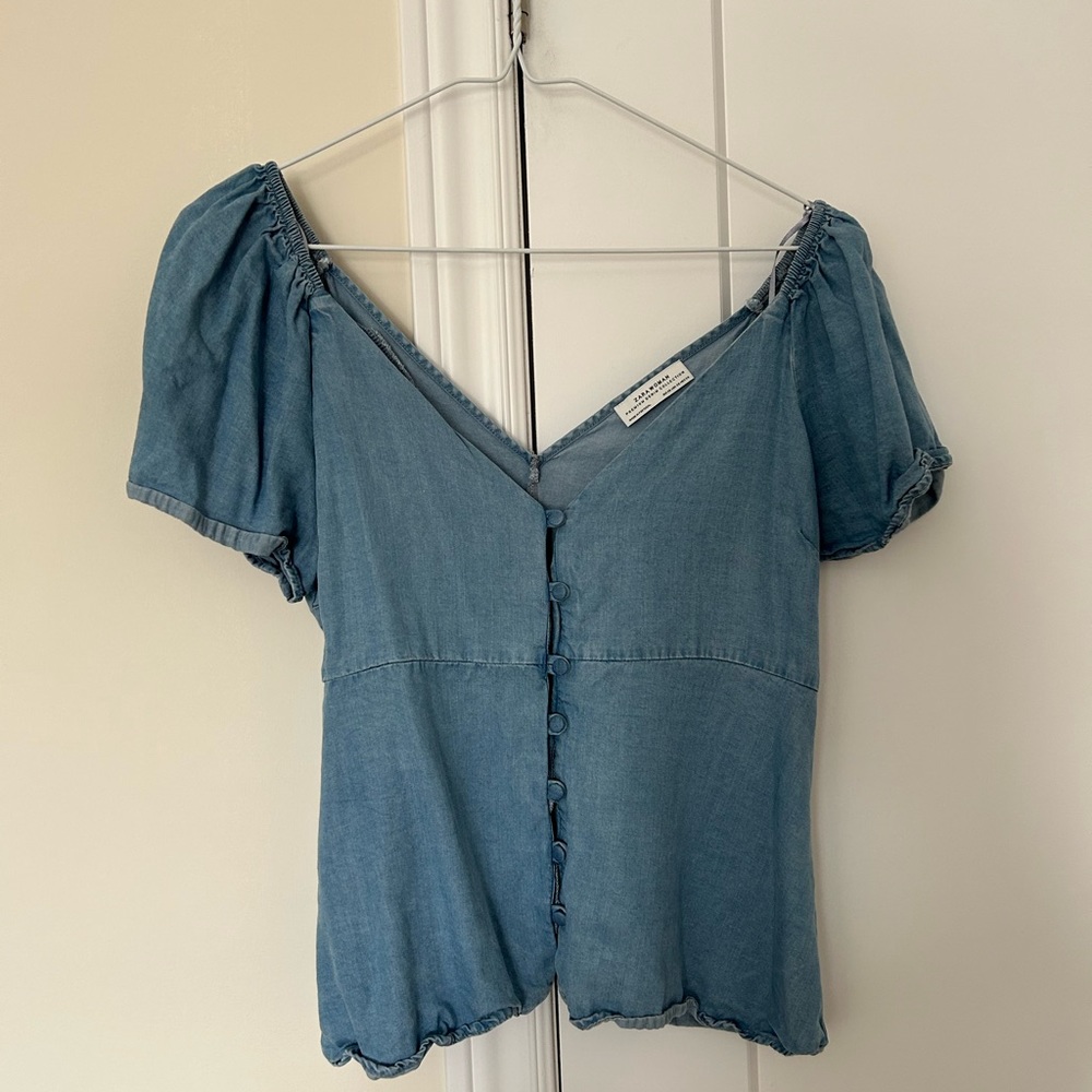 Zara Premium Denim Blouse Off Shoulder Button Size Extra Small